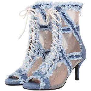imageSHEMEE Womens Denim Patchwork Mesh Peep Toe High Heels Sandals Booties Lace Up Summer Opentoe Back Zipper Short Ankle BootsBlue