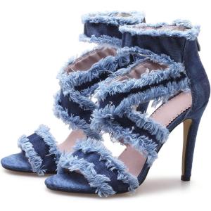 imageSHEMEE Womens Denim Patchwork Mesh Peep Toe High Heels Sandals Booties Lace Up Summer Opentoe Back Zipper Short Ankle BootsBlue Tassels
