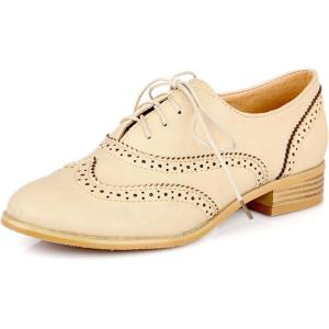 imageSHEMEE Womens Patent Leather Low Heels Vintage Wingtip Oxfords Pumps Lace Up Pointed Toe Flat Retro Brogues Dress ShoesBeige 1
