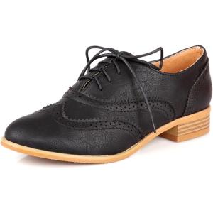 imageSHEMEE Womens Patent Leather Low Heels Vintage Wingtip Oxfords Pumps Lace Up Pointed Toe Flat Retro Brogues Dress ShoesBlack 1