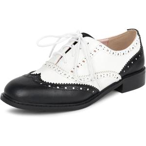 imageSHEMEE Womens Patent Leather Low Heels Vintage Wingtip Oxfords Pumps Lace Up Pointed Toe Flat Retro Brogues Dress ShoesBlackWhite