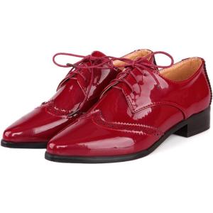 imageSHEMEE Womens Patent Leather Low Heels Vintage Wingtip Oxfords Pumps Lace Up Pointed Toe Flat Retro Brogues Dress ShoesBurgundy
