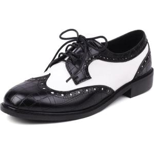 imageSHEMEE Womens Patent Leather Low Heels Vintage Wingtip Oxfords Pumps Lace Up Pointed Toe Flat Retro Brogues Dress ShoesStone Pattern Black