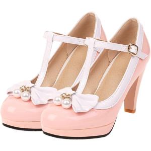imageSHEMEE Womens TStrap Buckle Patent Leather Mary Jane Pumps Chunky High Heel Platform Round Toe Cute Bow Kawaii Cosplay ShoesPink