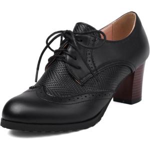 imageSHEMEE Womens Chunky High Heels Wingtip Oxfords Round Toe Lace Up Stacked Block Heel Vintage Brogues Pumps Shoes02 Black