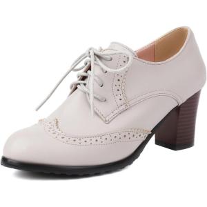 imageSHEMEE Womens Chunky High Heels Wingtip Oxfords Round Toe Lace Up Stacked Block Heel Vintage Brogues Pumps ShoesGrey