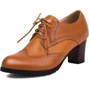 imageSHEMEE Womens Chunky High Heels Wingtip Oxfords Round Toe Lace Up Stacked Block Heel Vintage Brogues Pumps ShoesLight Brown