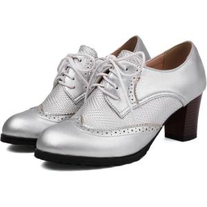 imageSHEMEE Womens Chunky High Heels Wingtip Oxfords Round Toe Lace Up Stacked Block Heel Vintage Brogues Pumps ShoesSilver