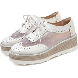 imageSHEMEE Womens Platform Patent Leather Lace Up Oxfords Pumps Vintage Wingtip Mid Heels Round Toe Brogues Flat Dress ShoesBeigemesh