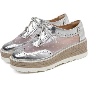 imageSHEMEE Womens Platform Patent Leather Lace Up Oxfords Pumps Vintage Wingtip Mid Heels Round Toe Brogues Flat Dress ShoesSilvermesh