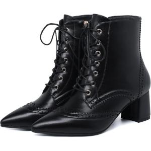 imageSHEMEE Womens Wingtip Chunky Mid Heel Ankle Boots Pointed Toe Lace Up Block Heels Short Booties with ZipperBlack