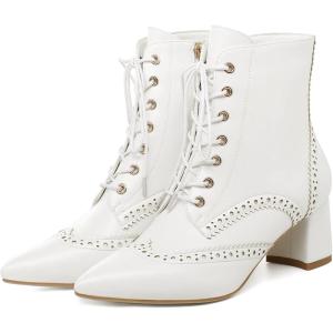 imageSHEMEE Womens Wingtip Chunky Mid Heel Ankle Boots Pointed Toe Lace Up Block Heels Short Booties with ZipperWhite