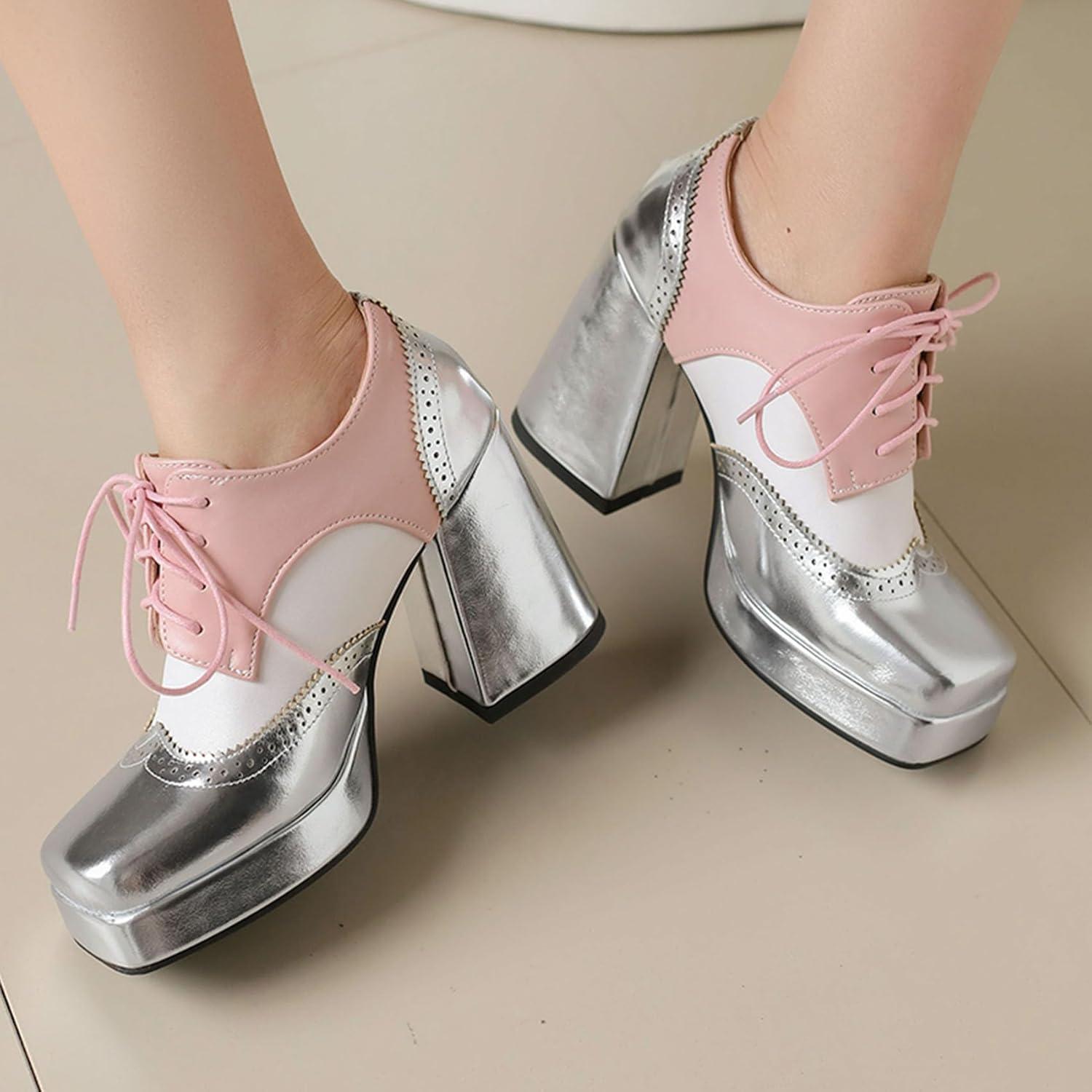 imageSHEMEE MultiColored Oxford Heels for Women Square Toe Chunky High Heels Platform Pumps Lace Up Derby Shoe Leisure Perforated Brogues Work Office Dress ShoesSilverWhitePink