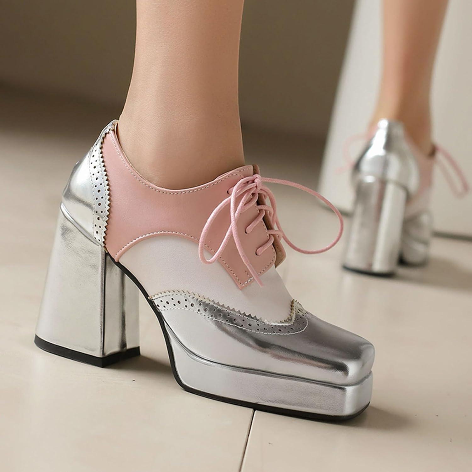 imageSHEMEE MultiColored Oxford Heels for Women Square Toe Chunky High Heels Platform Pumps Lace Up Derby Shoe Leisure Perforated Brogues Work Office Dress ShoesSilverWhitePink