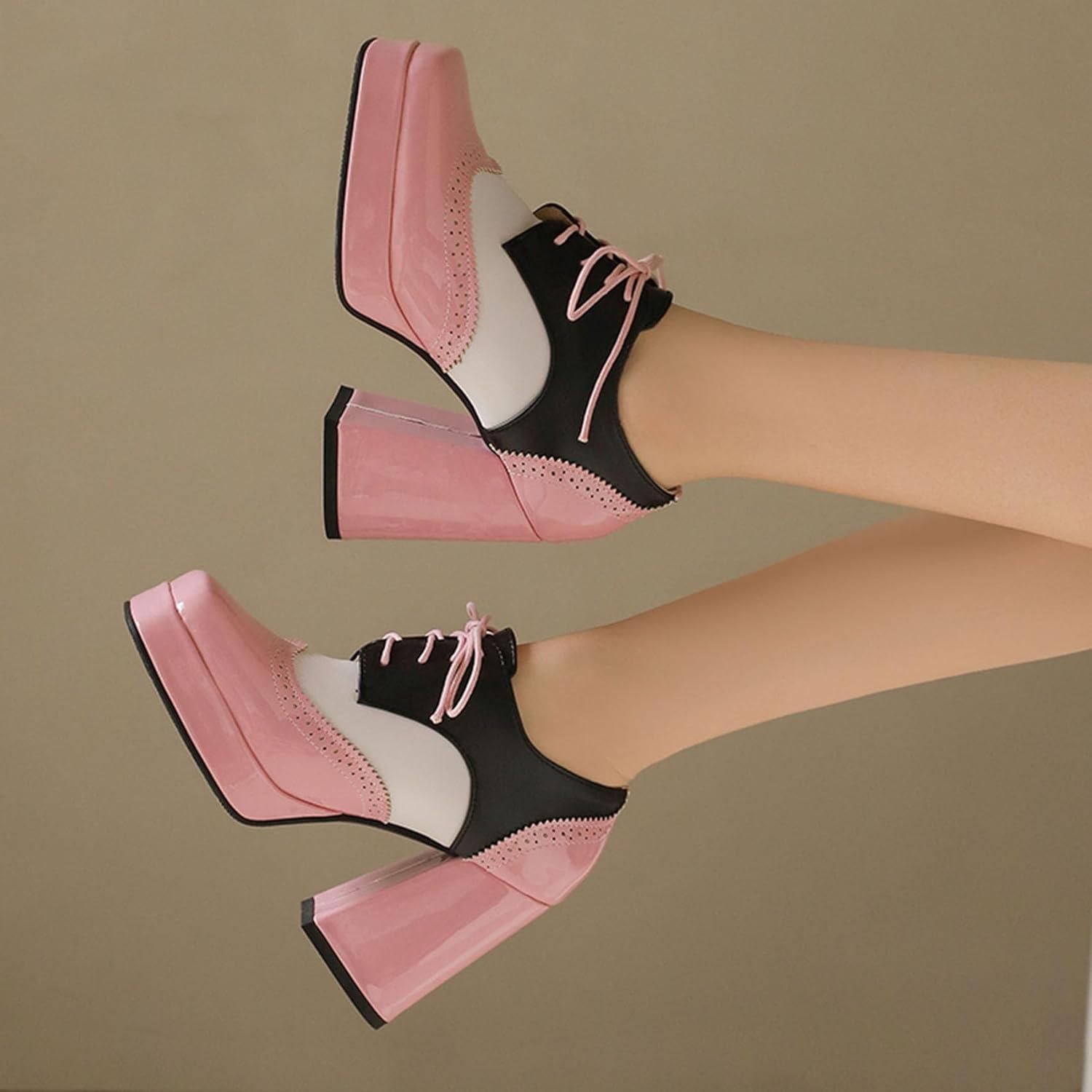imageSHEMEE MultiColored Oxford Heels for Women Square Toe Chunky High Heels Platform Pumps Lace Up Derby Shoe Leisure Perforated Brogues Work Office Dress ShoesPinkWhiteBlack