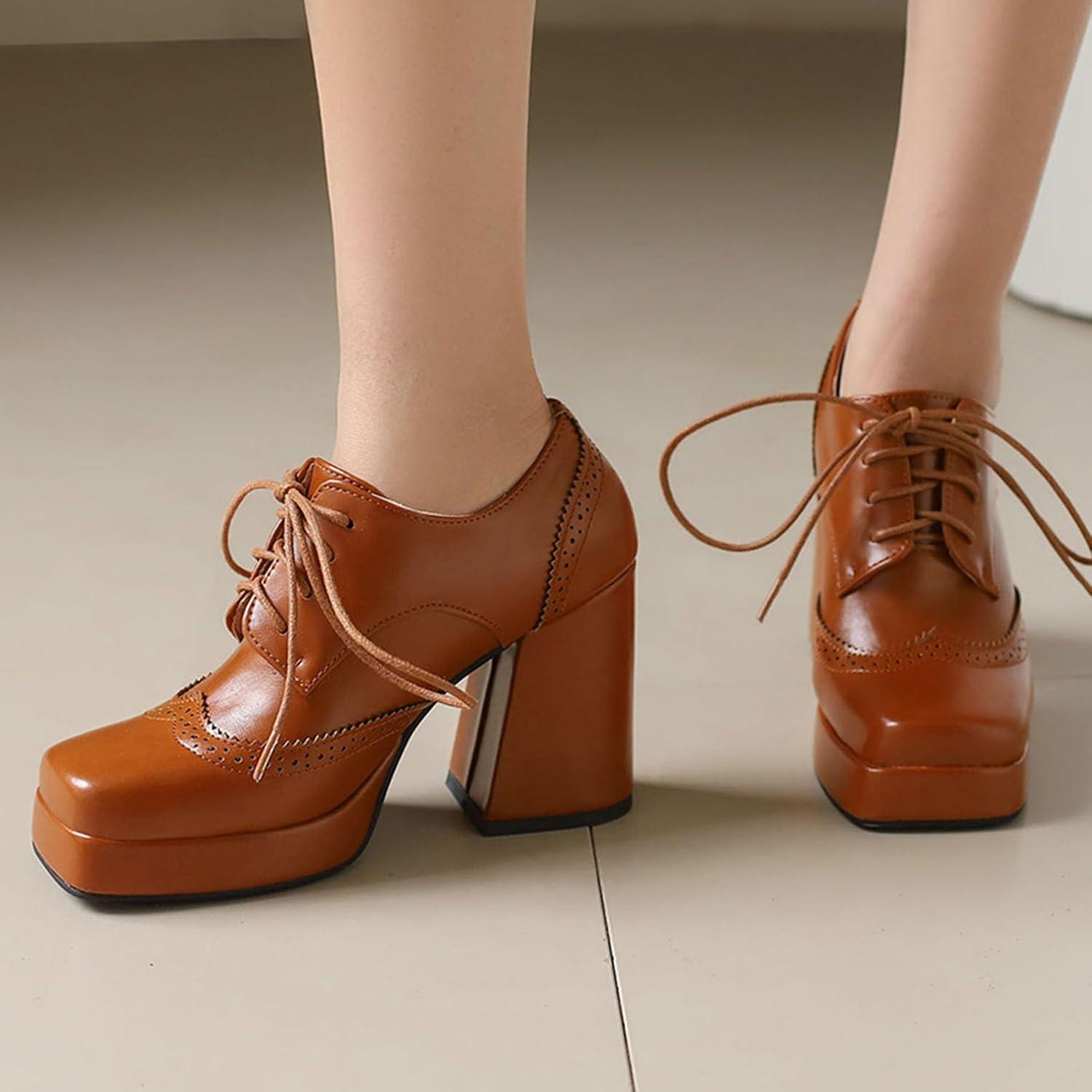 imageSHEMEE MultiColored Oxford Heels for Women Square Toe Chunky High Heels Platform Pumps Lace Up Derby Shoe Leisure Perforated Brogues Work Office Dress ShoesBrown