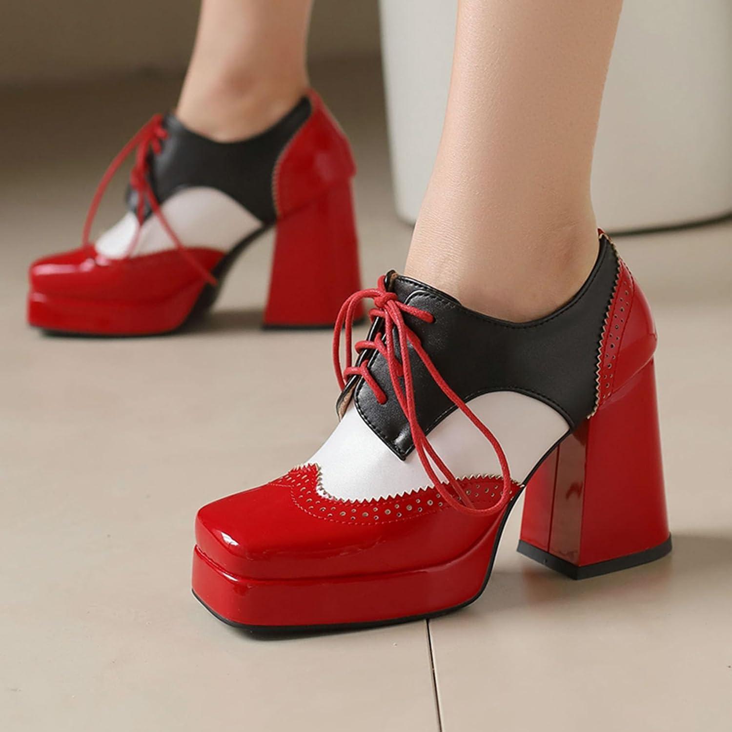 imageSHEMEE MultiColored Oxford Heels for Women Square Toe Chunky High Heels Platform Pumps Lace Up Derby Shoe Leisure Perforated Brogues Work Office Dress ShoesRedWhiteBlack