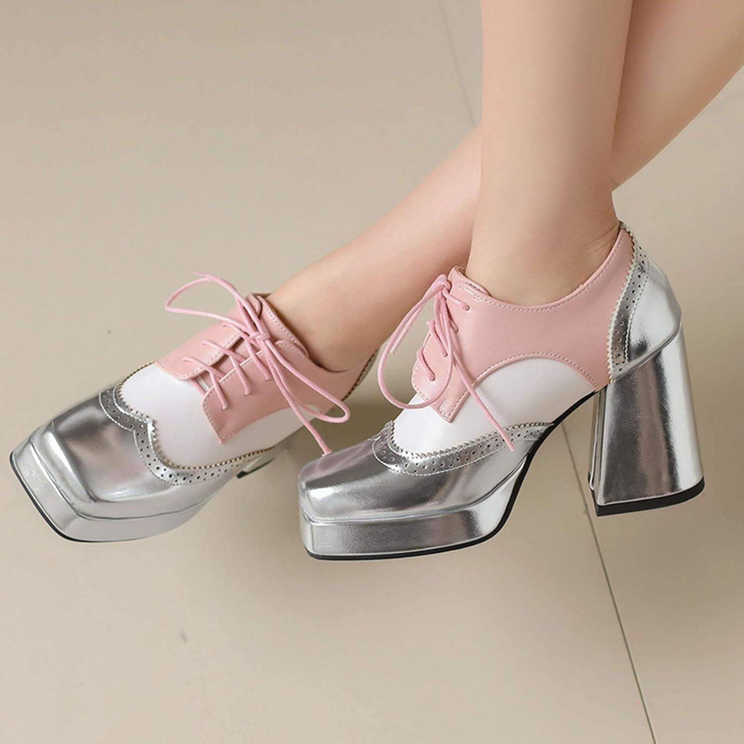 imageSHEMEE MultiColored Oxford Heels for Women Square Toe Chunky High Heels Platform Pumps Lace Up Derby Shoe Leisure Perforated Brogues Work Office Dress ShoesSilverWhitePink