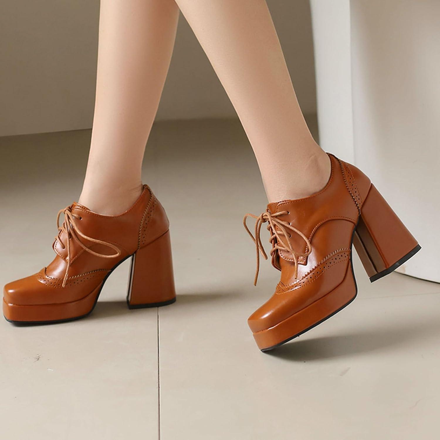 imageSHEMEE MultiColored Oxford Heels for Women Square Toe Chunky High Heels Platform Pumps Lace Up Derby Shoe Leisure Perforated Brogues Work Office Dress ShoesBrown