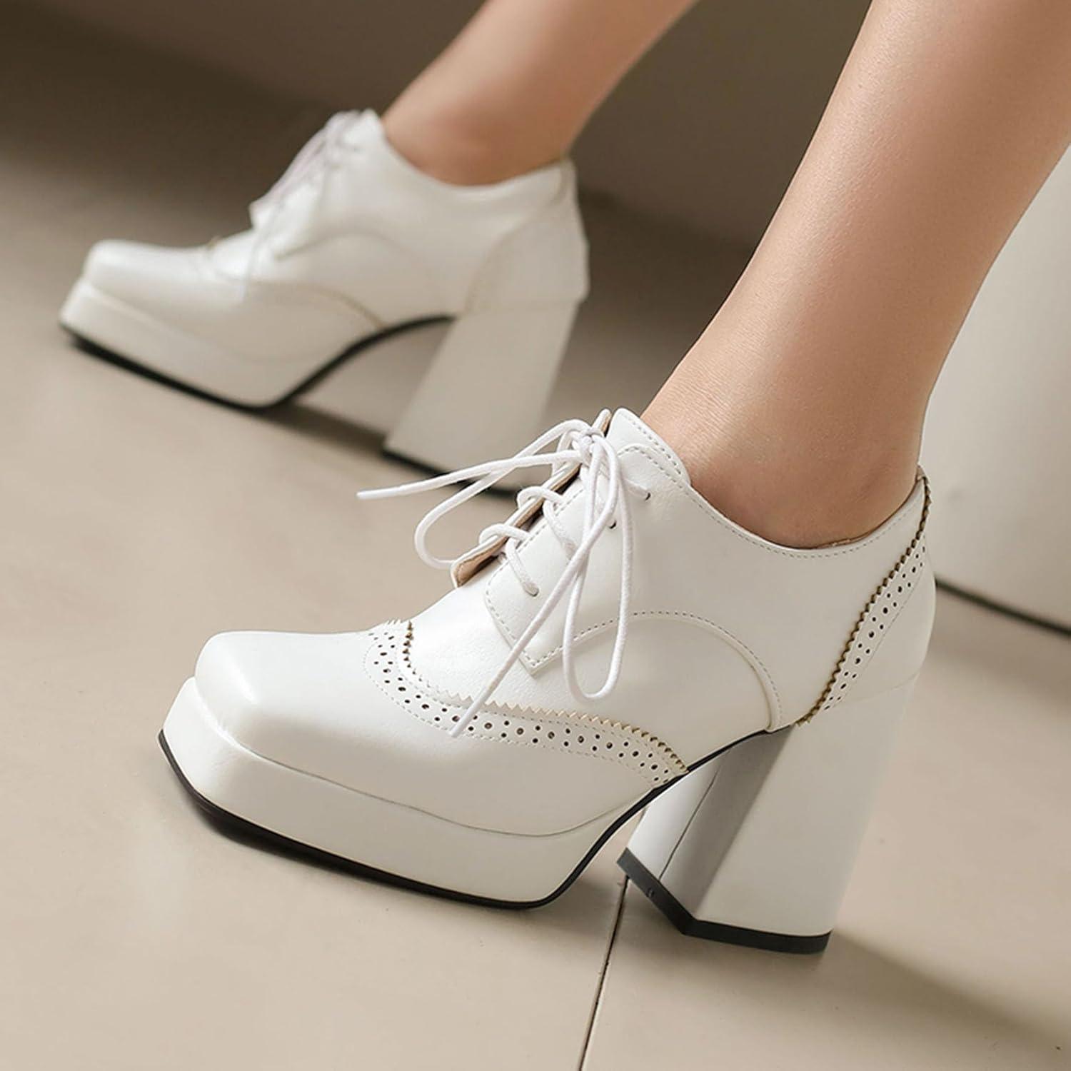 imageSHEMEE MultiColored Oxford Heels for Women Square Toe Chunky High Heels Platform Pumps Lace Up Derby Shoe Leisure Perforated Brogues Work Office Dress ShoesWhite