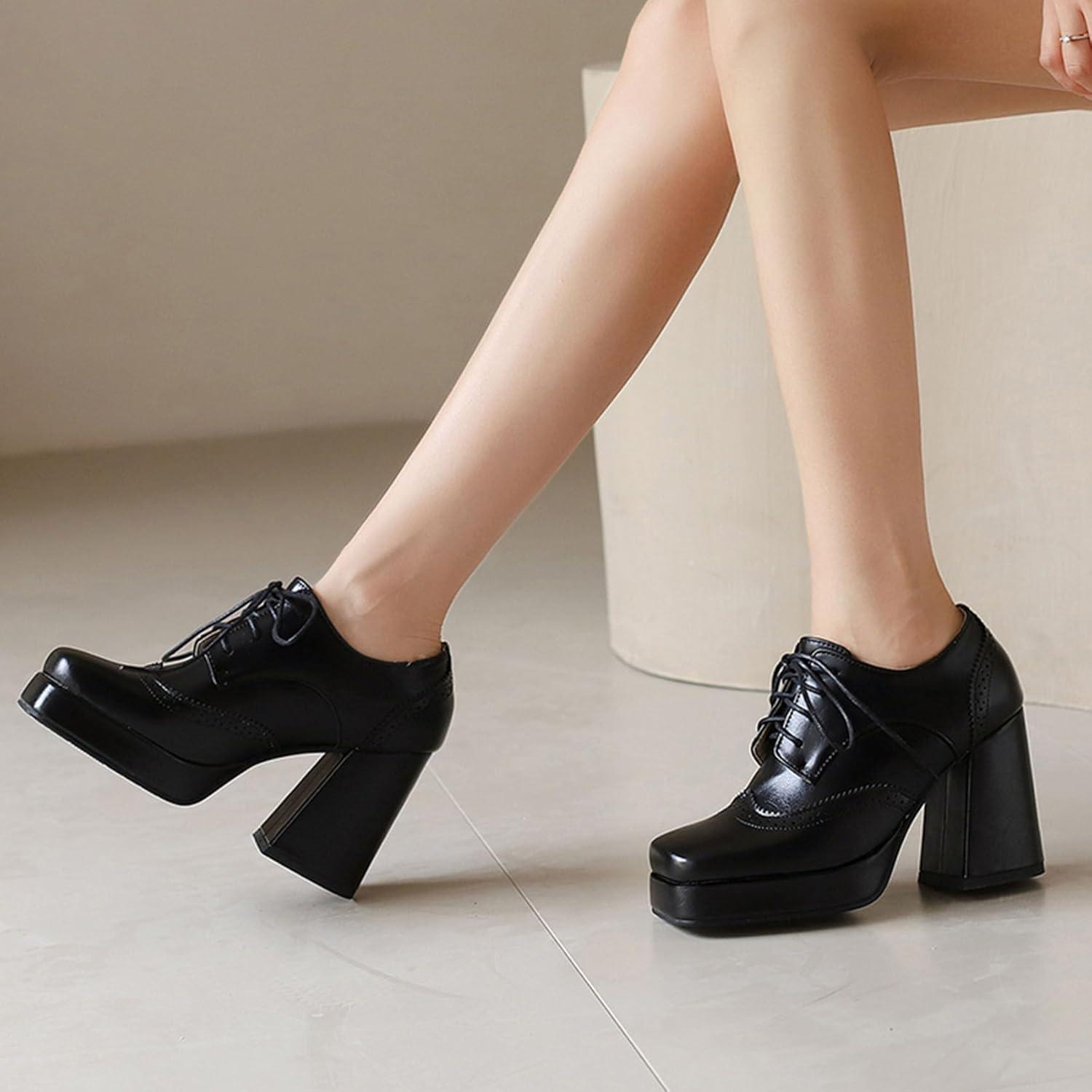 imageSHEMEE MultiColored Oxford Heels for Women Square Toe Chunky High Heels Platform Pumps Lace Up Derby Shoe Leisure Perforated Brogues Work Office Dress ShoesBlack