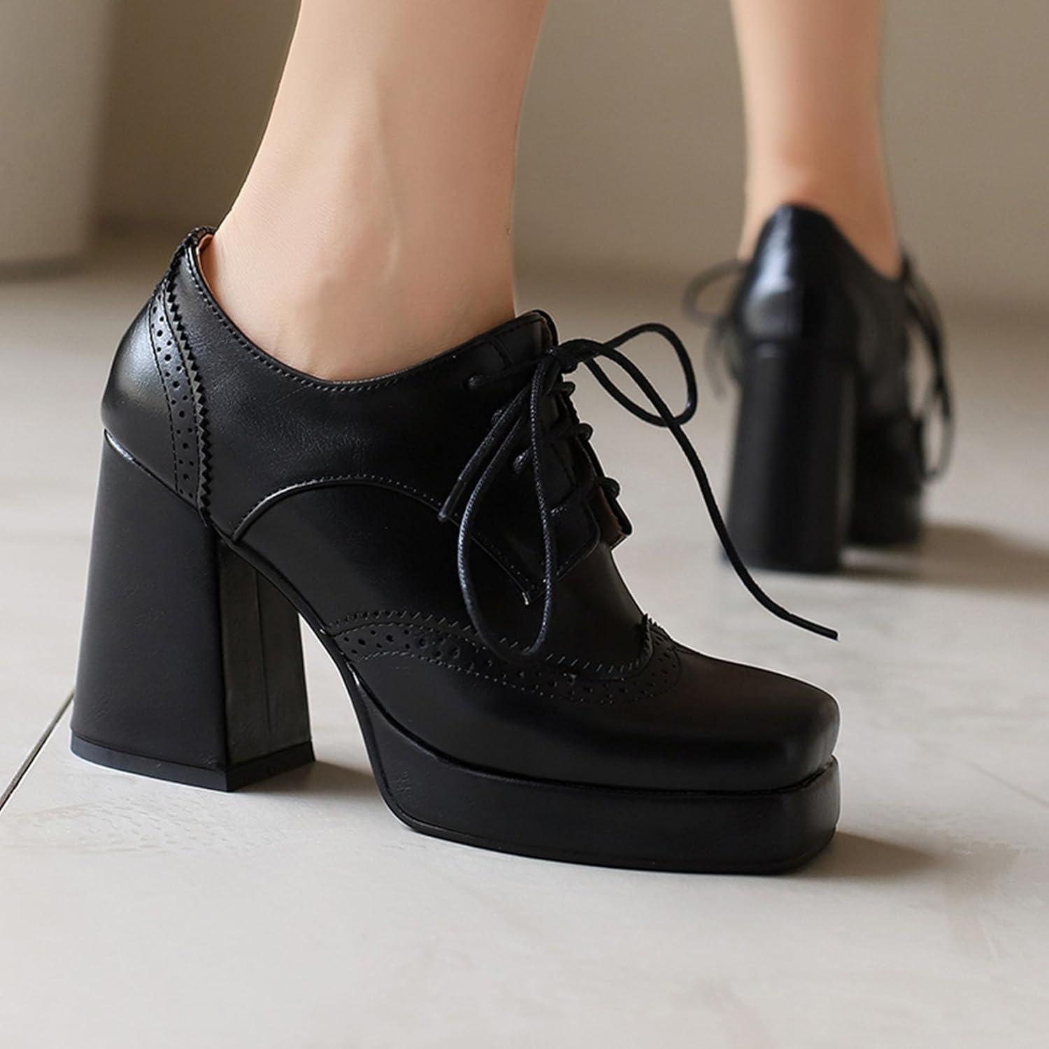 imageSHEMEE MultiColored Oxford Heels for Women Square Toe Chunky High Heels Platform Pumps Lace Up Derby Shoe Leisure Perforated Brogues Work Office Dress ShoesBlack