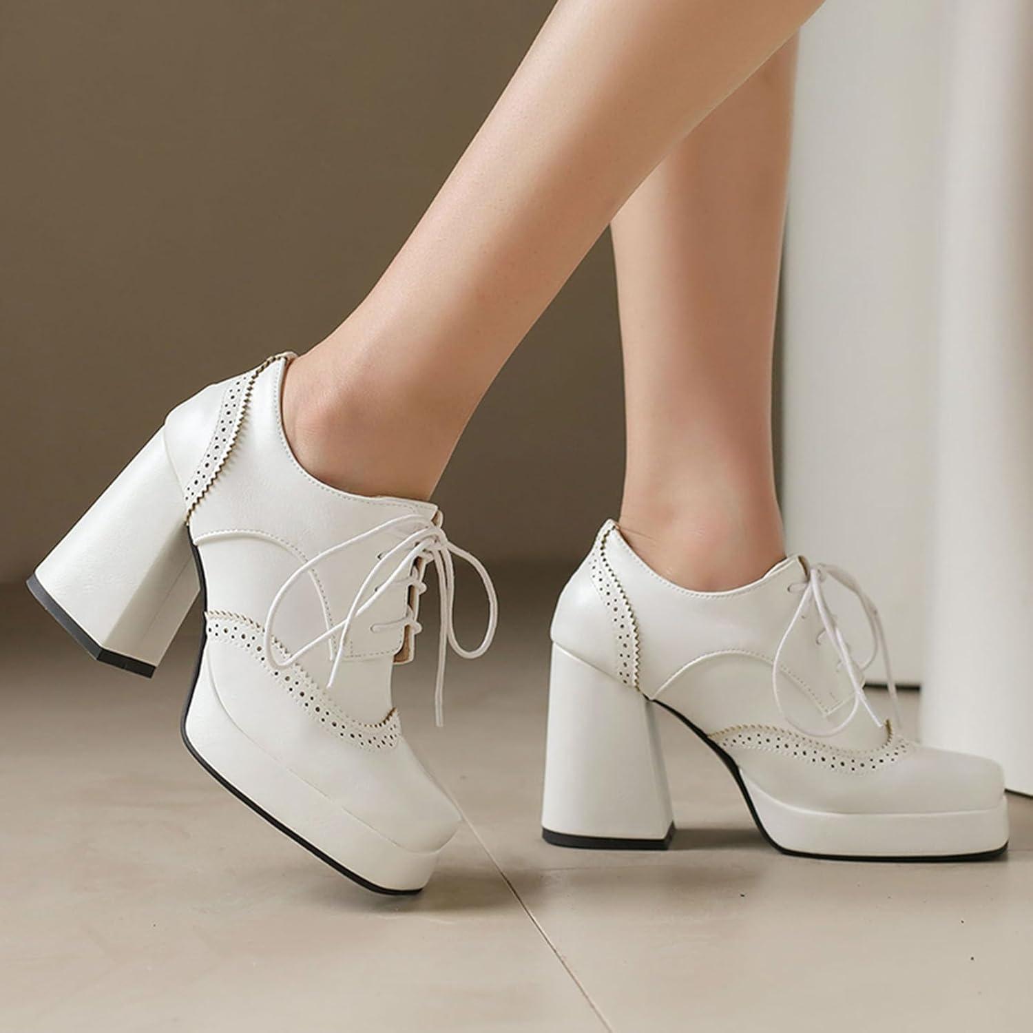 imageSHEMEE MultiColored Oxford Heels for Women Square Toe Chunky High Heels Platform Pumps Lace Up Derby Shoe Leisure Perforated Brogues Work Office Dress ShoesWhite