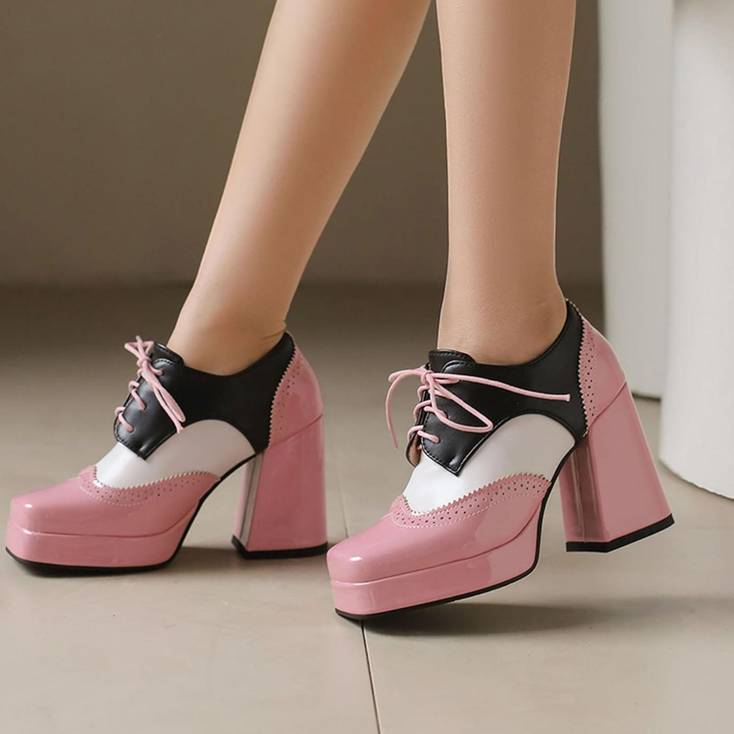 imageSHEMEE MultiColored Oxford Heels for Women Square Toe Chunky High Heels Platform Pumps Lace Up Derby Shoe Leisure Perforated Brogues Work Office Dress ShoesPinkWhiteBlack