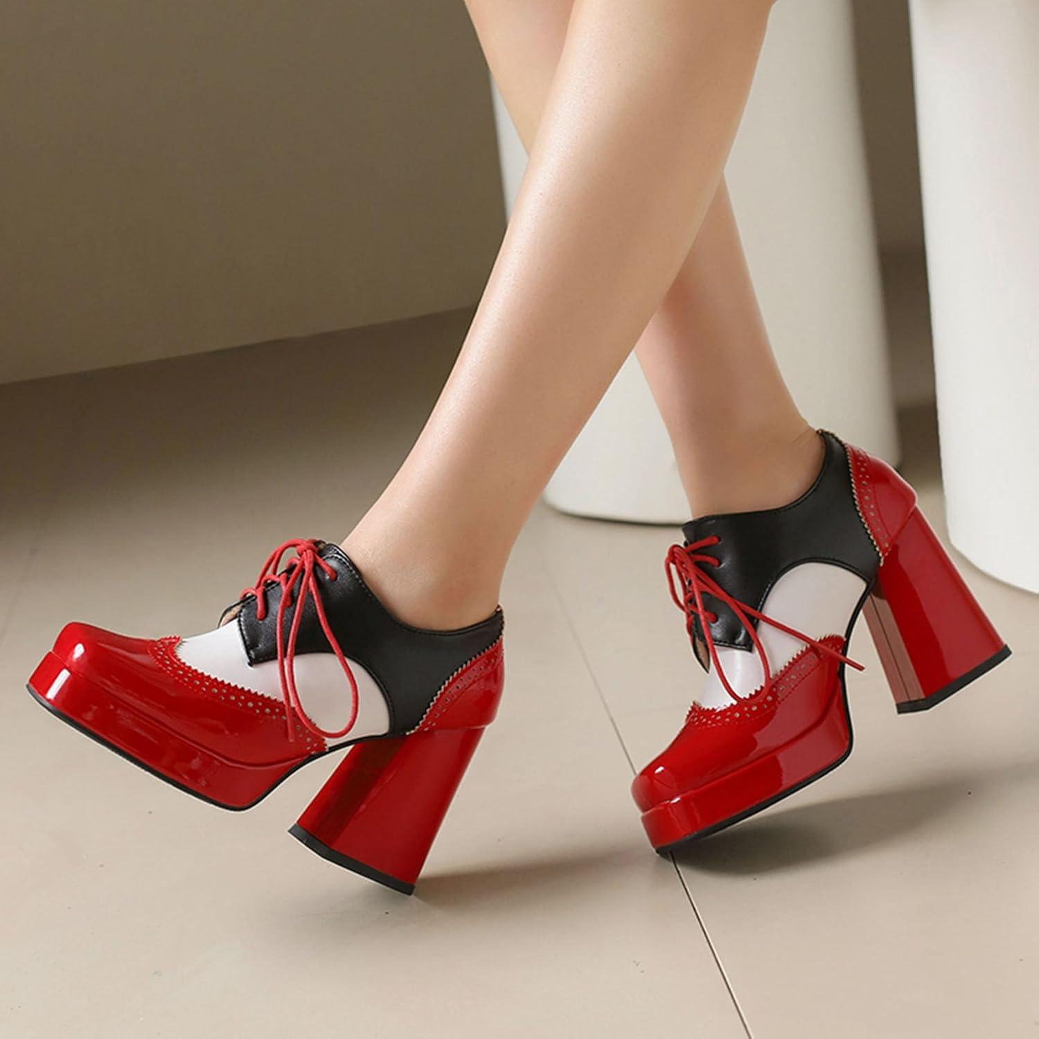 imageSHEMEE MultiColored Oxford Heels for Women Square Toe Chunky High Heels Platform Pumps Lace Up Derby Shoe Leisure Perforated Brogues Work Office Dress ShoesRedWhiteBlack