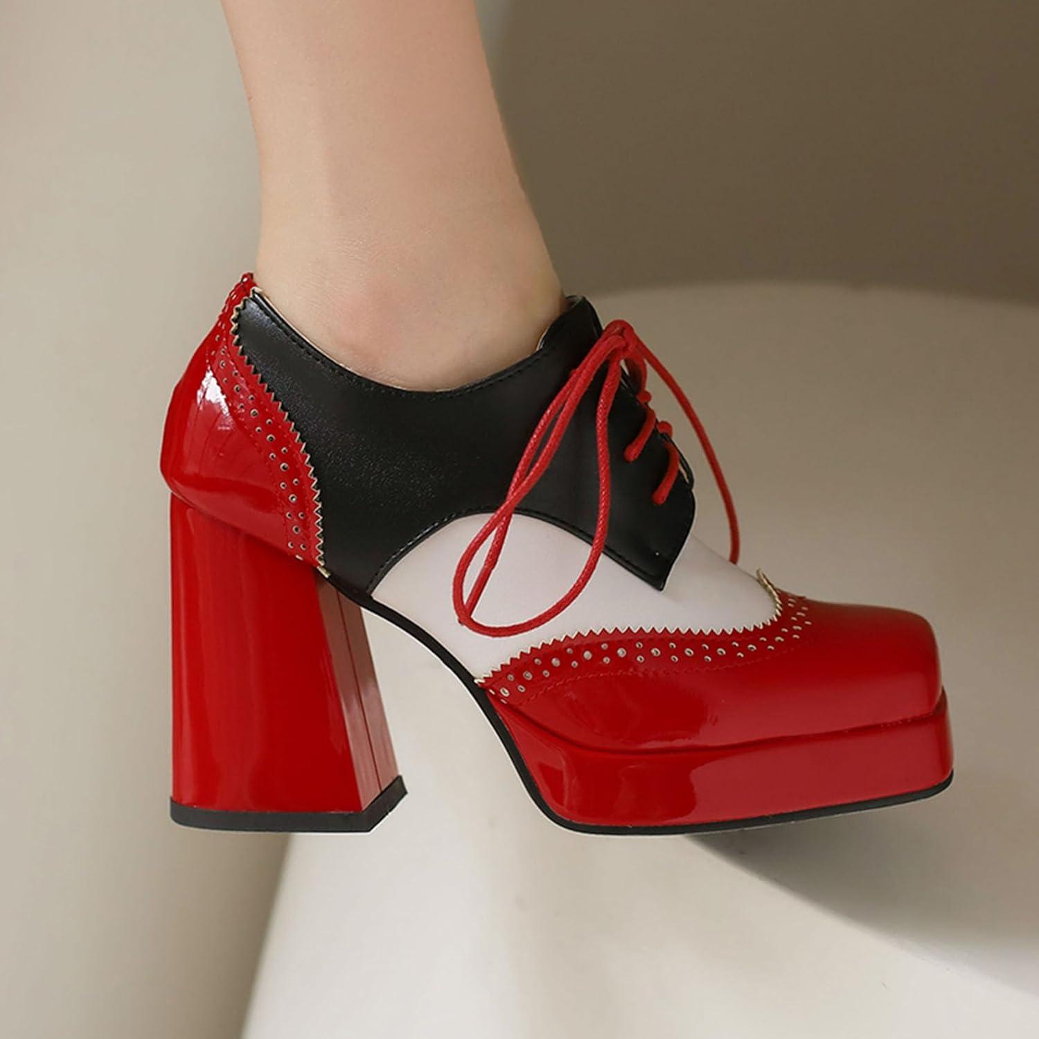 imageSHEMEE MultiColored Oxford Heels for Women Square Toe Chunky High Heels Platform Pumps Lace Up Derby Shoe Leisure Perforated Brogues Work Office Dress ShoesRedWhiteBlack