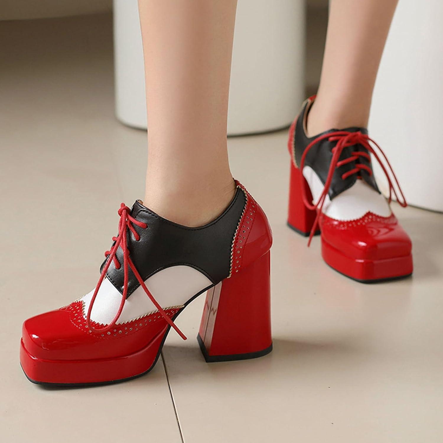 imageSHEMEE MultiColored Oxford Heels for Women Square Toe Chunky High Heels Platform Pumps Lace Up Derby Shoe Leisure Perforated Brogues Work Office Dress ShoesRedWhiteBlack