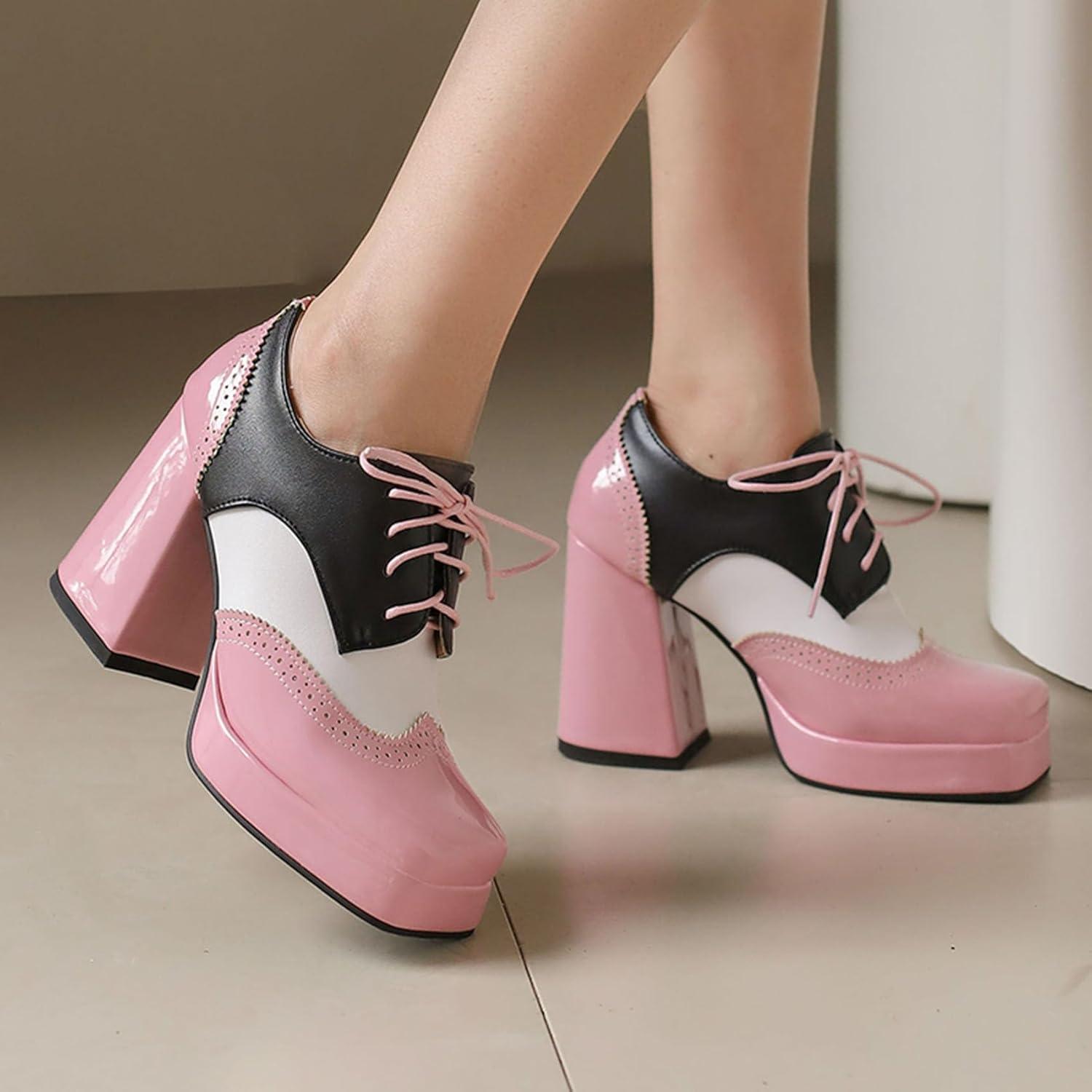 imageSHEMEE MultiColored Oxford Heels for Women Square Toe Chunky High Heels Platform Pumps Lace Up Derby Shoe Leisure Perforated Brogues Work Office Dress ShoesPinkWhiteBlack