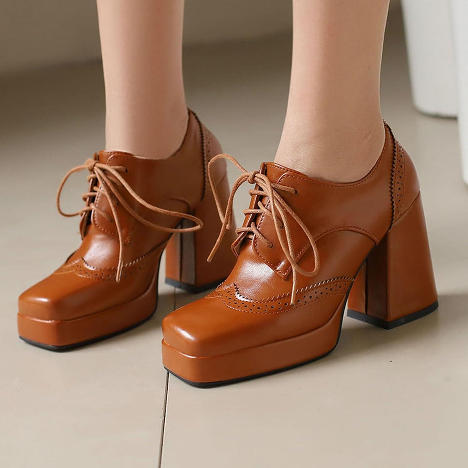 imageSHEMEE MultiColored Oxford Heels for Women Square Toe Chunky High Heels Platform Pumps Lace Up Derby Shoe Leisure Perforated Brogues Work Office Dress ShoesBrown