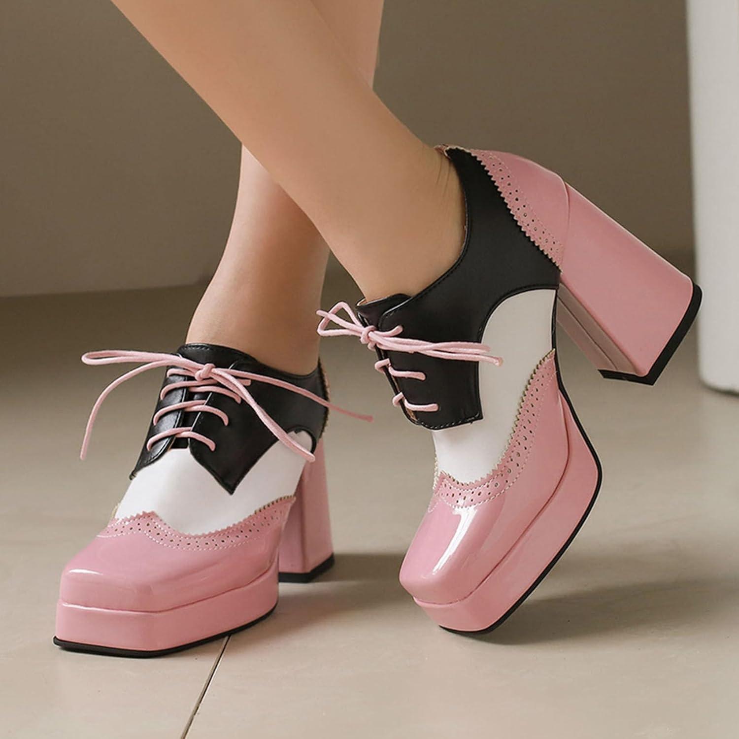 imageSHEMEE MultiColored Oxford Heels for Women Square Toe Chunky High Heels Platform Pumps Lace Up Derby Shoe Leisure Perforated Brogues Work Office Dress ShoesPinkWhiteBlack