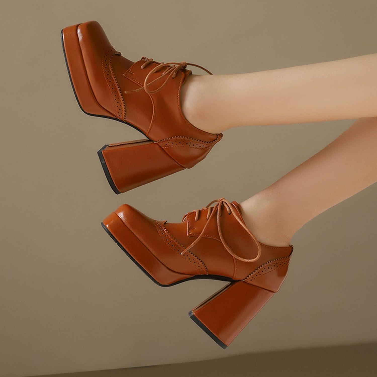 imageSHEMEE MultiColored Oxford Heels for Women Square Toe Chunky High Heels Platform Pumps Lace Up Derby Shoe Leisure Perforated Brogues Work Office Dress ShoesBrown