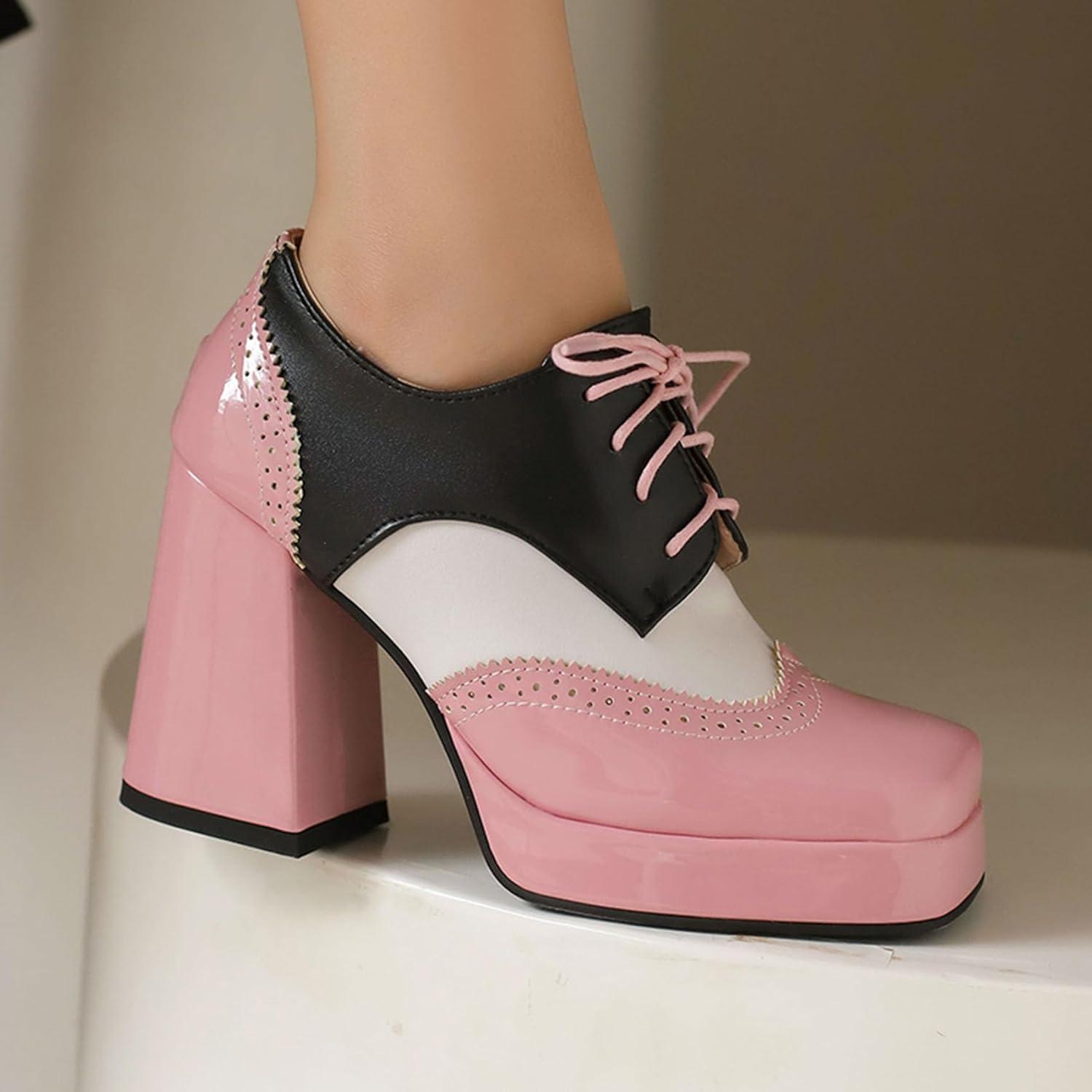 imageSHEMEE MultiColored Oxford Heels for Women Square Toe Chunky High Heels Platform Pumps Lace Up Derby Shoe Leisure Perforated Brogues Work Office Dress ShoesPinkWhiteBlack