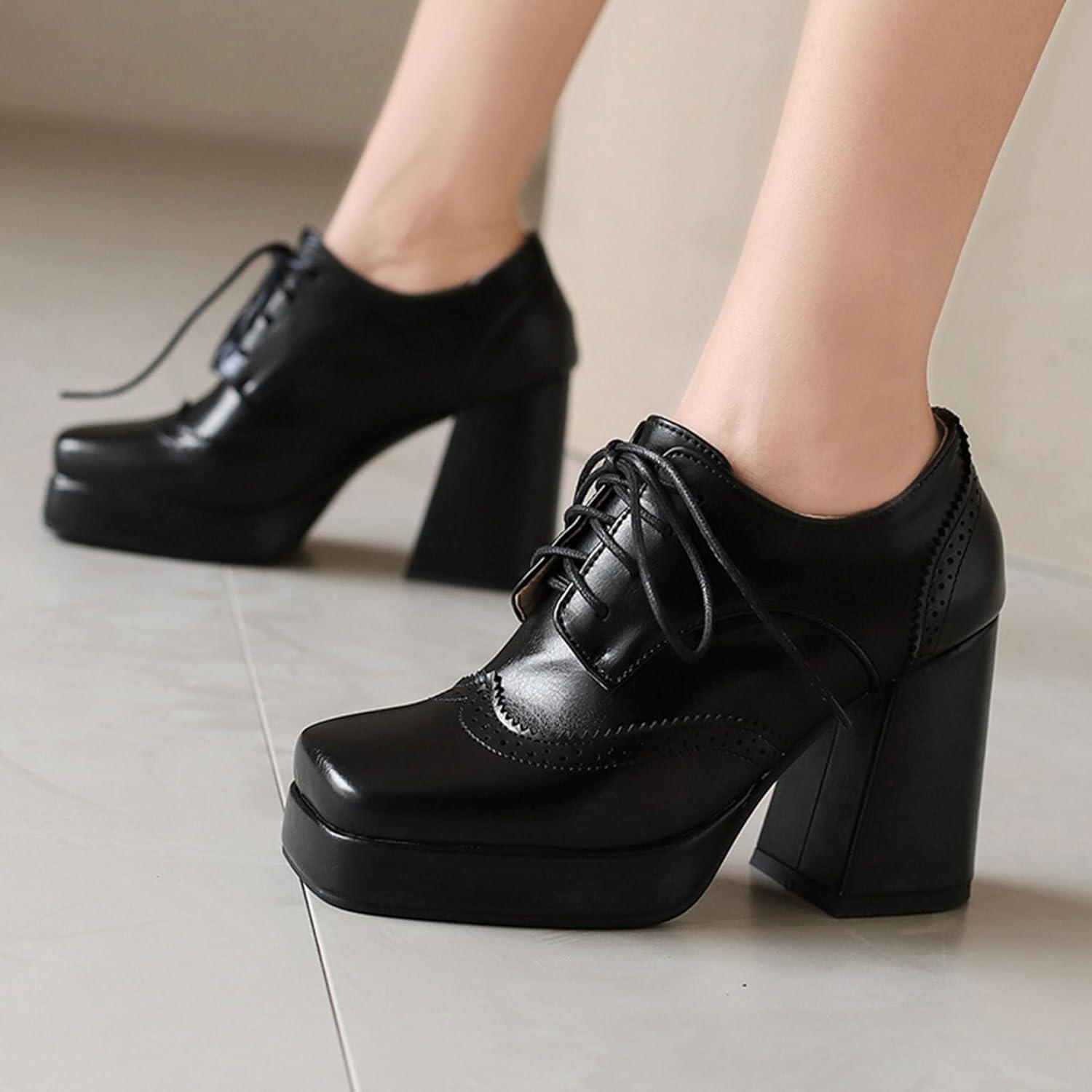 imageSHEMEE MultiColored Oxford Heels for Women Square Toe Chunky High Heels Platform Pumps Lace Up Derby Shoe Leisure Perforated Brogues Work Office Dress ShoesBlack