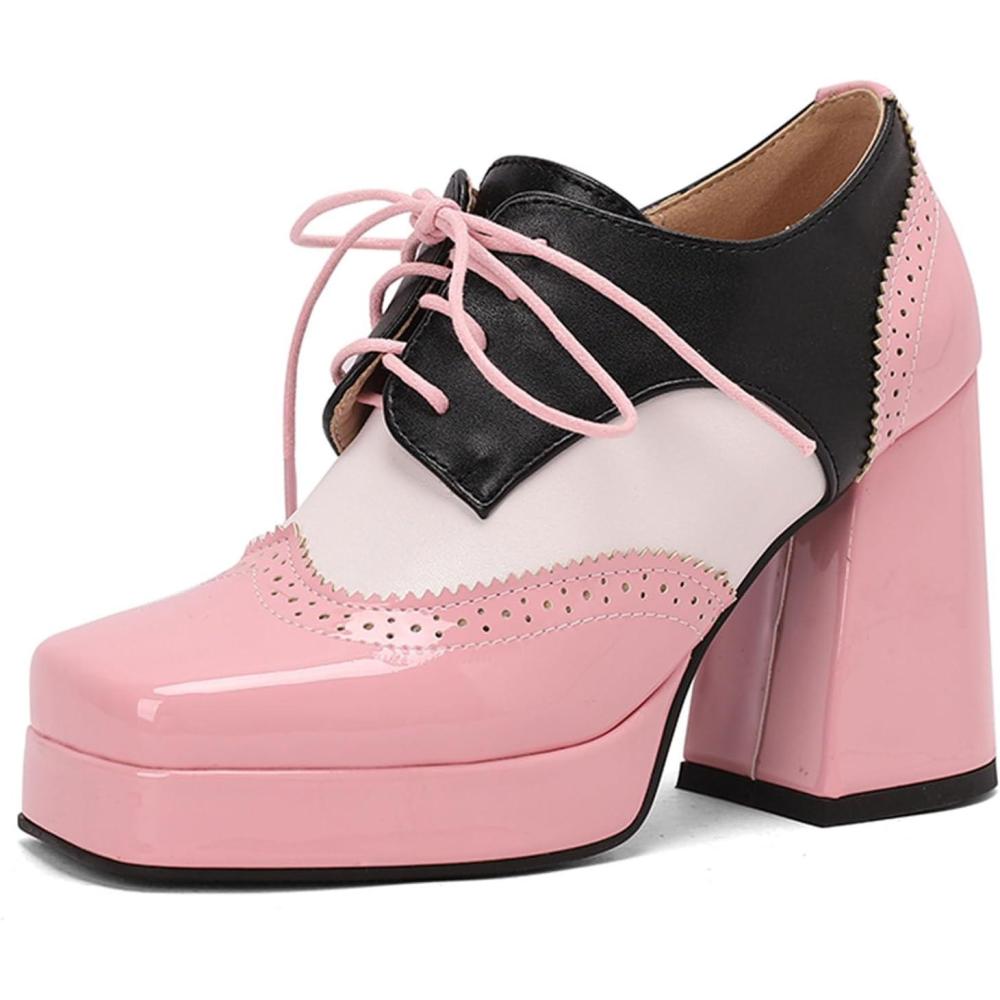 imageSHEMEE MultiColored Oxford Heels for Women Square Toe Chunky High Heels Platform Pumps Lace Up Derby Shoe Leisure Perforated Brogues Work Office Dress ShoesPinkWhiteBlack