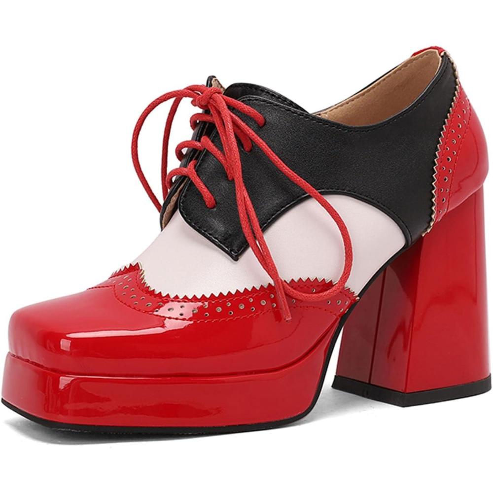 imageSHEMEE MultiColored Oxford Heels for Women Square Toe Chunky High Heels Platform Pumps Lace Up Derby Shoe Leisure Perforated Brogues Work Office Dress ShoesRedWhiteBlack