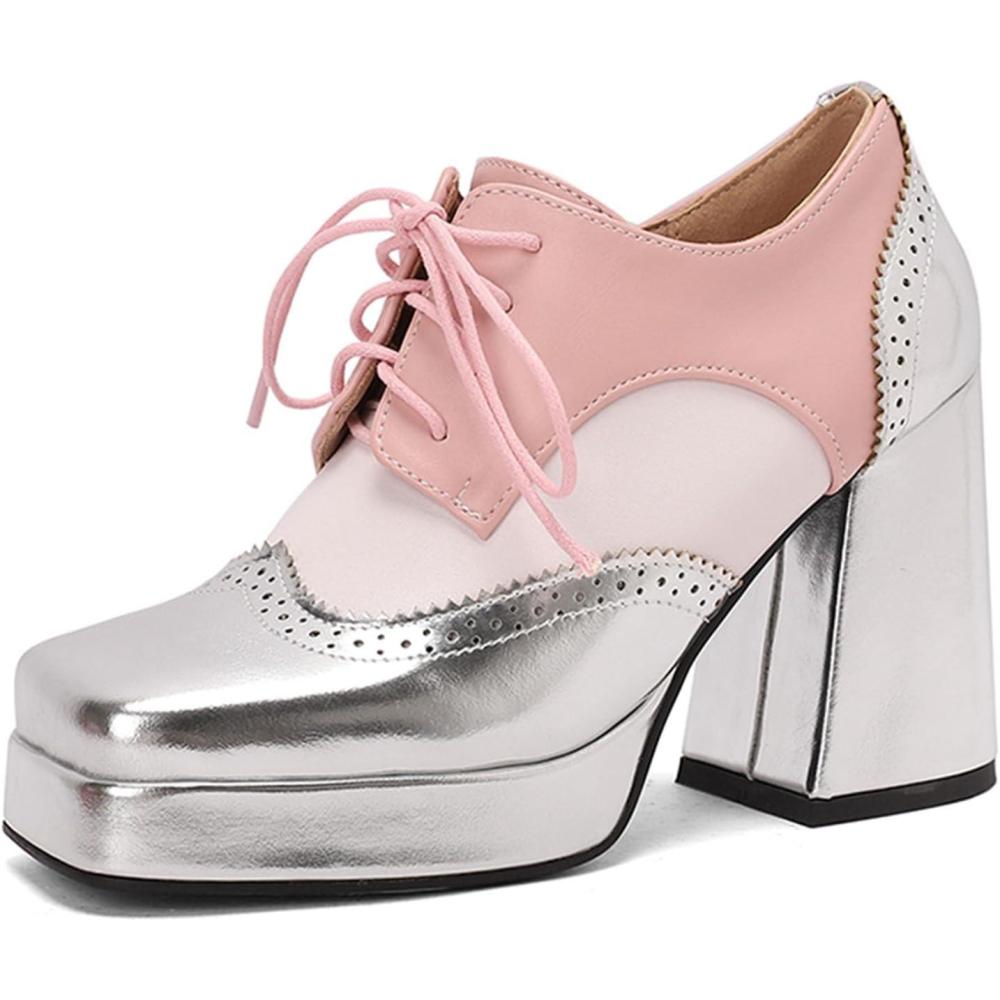 imageSHEMEE MultiColored Oxford Heels for Women Square Toe Chunky High Heels Platform Pumps Lace Up Derby Shoe Leisure Perforated Brogues Work Office Dress ShoesSilverWhitePink