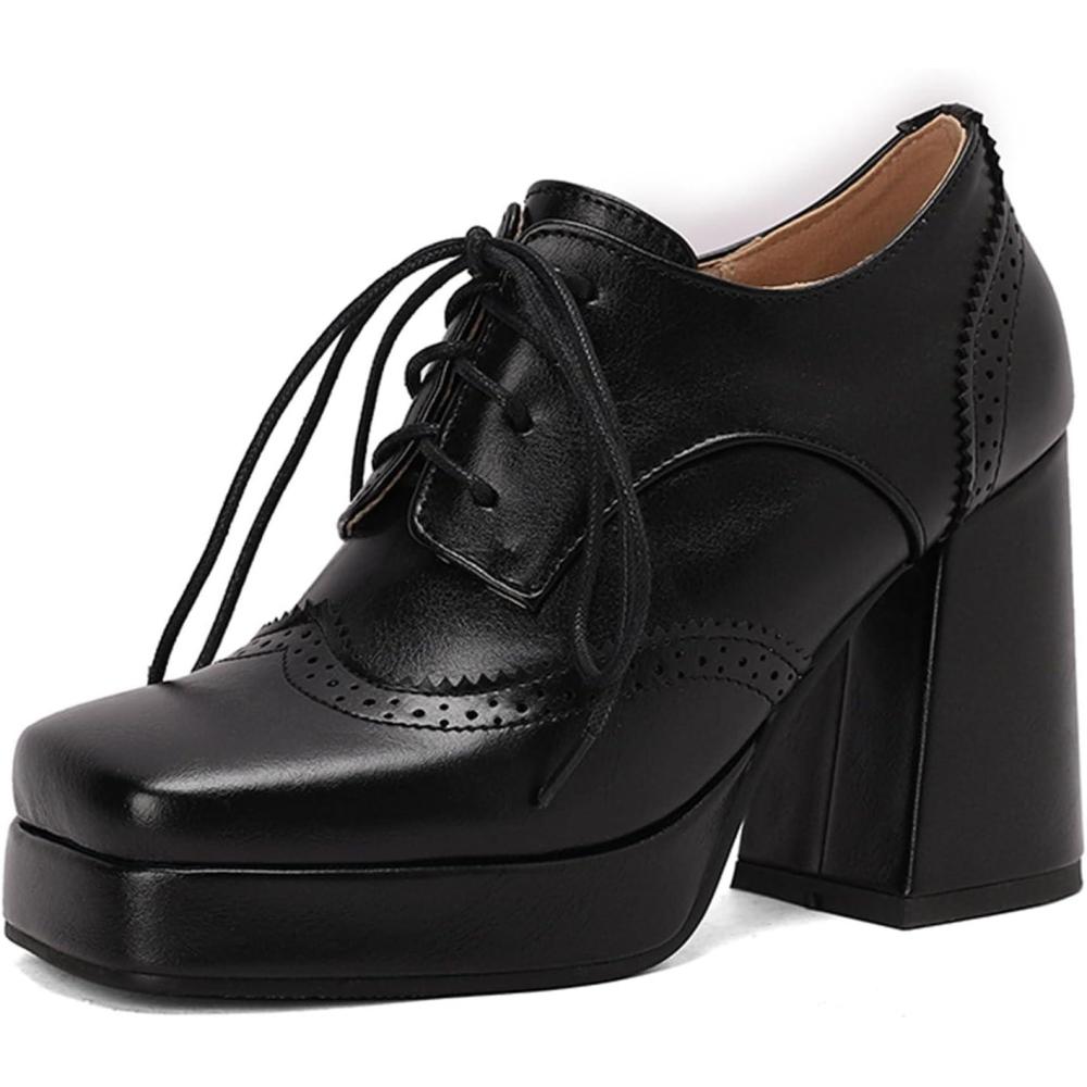 imageSHEMEE MultiColored Oxford Heels for Women Square Toe Chunky High Heels Platform Pumps Lace Up Derby Shoe Leisure Perforated Brogues Work Office Dress ShoesBlack