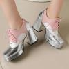 imageSHEMEE MultiColored Oxford Heels for Women Square Toe Chunky High Heels Platform Pumps Lace Up Derby Shoe Leisure Perforated Brogues Work Office Dress ShoesSilverWhitePink
