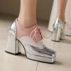 imageSHEMEE MultiColored Oxford Heels for Women Square Toe Chunky High Heels Platform Pumps Lace Up Derby Shoe Leisure Perforated Brogues Work Office Dress ShoesSilverWhitePink
