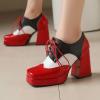 imageSHEMEE MultiColored Oxford Heels for Women Square Toe Chunky High Heels Platform Pumps Lace Up Derby Shoe Leisure Perforated Brogues Work Office Dress ShoesRedWhiteBlack