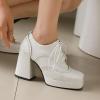imageSHEMEE MultiColored Oxford Heels for Women Square Toe Chunky High Heels Platform Pumps Lace Up Derby Shoe Leisure Perforated Brogues Work Office Dress ShoesWhite