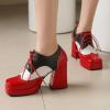 imageSHEMEE MultiColored Oxford Heels for Women Square Toe Chunky High Heels Platform Pumps Lace Up Derby Shoe Leisure Perforated Brogues Work Office Dress ShoesRedWhiteBlack