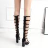 imageSHEMEE Womens Elastic Cutout Gladiator Roman Sandals Chunky Heel Knee High Summer Boots Patent Leather Back Zip Up ShoesBlack