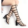 imageSHEMEE Womens Elastic Cutout Gladiator Roman Sandals Chunky Heel Knee High Summer Boots Patent Leather Back Zip Up ShoesBlack