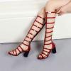 imageSHEMEE Womens Elastic Cutout Gladiator Roman Sandals Chunky Heel Knee High Summer Boots Patent Leather Back Zip Up ShoesBurgundy