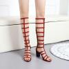 imageSHEMEE Womens Elastic Cutout Gladiator Roman Sandals Chunky Heel Knee High Summer Boots Patent Leather Back Zip Up ShoesBurgundy